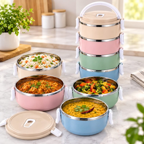 4 LAYER STAINLESS STEEL MULTICOLOUR THERMAL LUNCH CARRIER